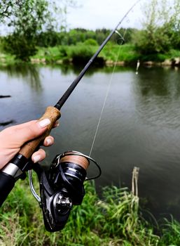 Close-up of a person holding a fishing rod by a peaceful lake on a summer day.