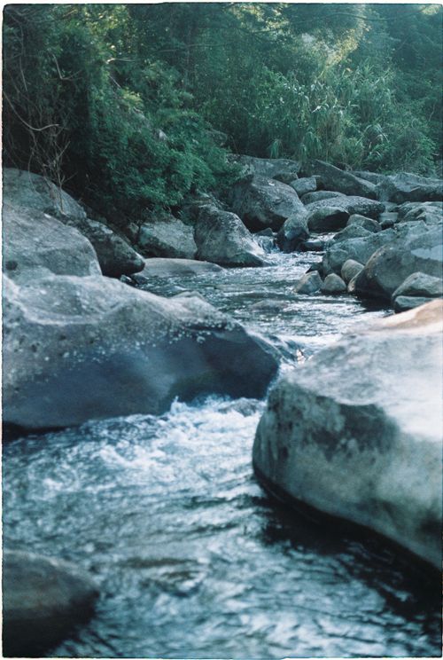 Free A tranquil river flowing through a rocky landscape with lush greenery surrounding it. Stock Photo