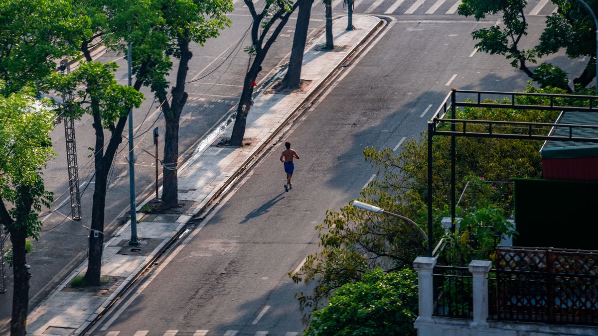 A lone jogger runs on a tree-lined urban street in daylight.