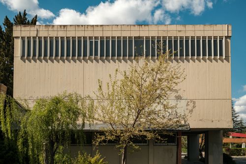 Free Contemporary concrete building facade with vertical windows and tree in urban Ankara, Türkiye. Stock Photo