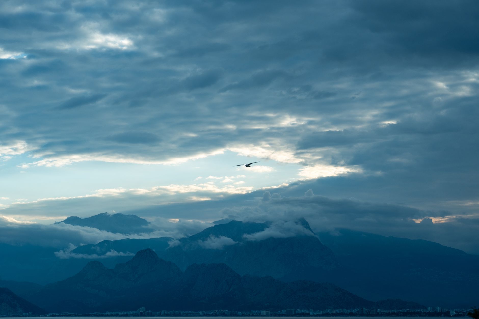 Majestic mountain view with a solitary bird soaring under cloudy skies.