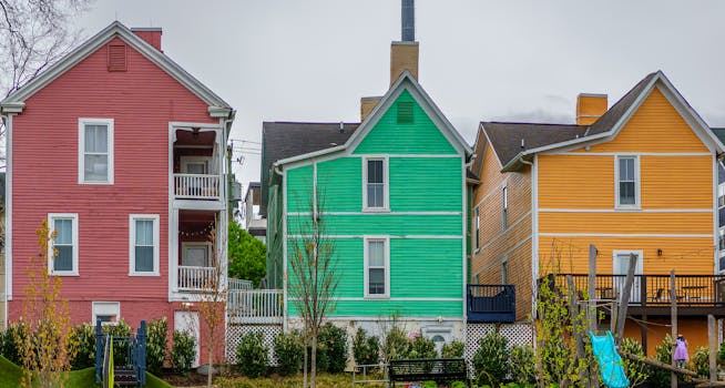 Brightly colored houses in Knoxville, Tennessee neighborhood on a cloudy day.