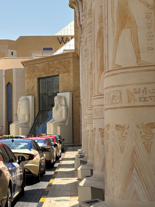Free Ancient Egyptian architectural design elements adorn a modern shopping center façade in Istanbul. Stock Photo