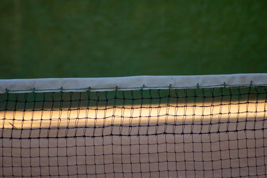 A detailed view of a tennis court net at dusk with a green court background, showcasing sports equipment.