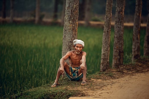 An elderly man sits by a tree in a serene rural setting in Bangladesh, depicting traditional life.