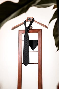 Classic black tie and pocket square elegantly displayed on a wooden hanger, showcasing formal style.