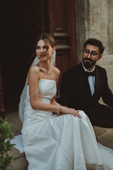 A bride and groom sit together on stone steps, exuding elegance and romance.