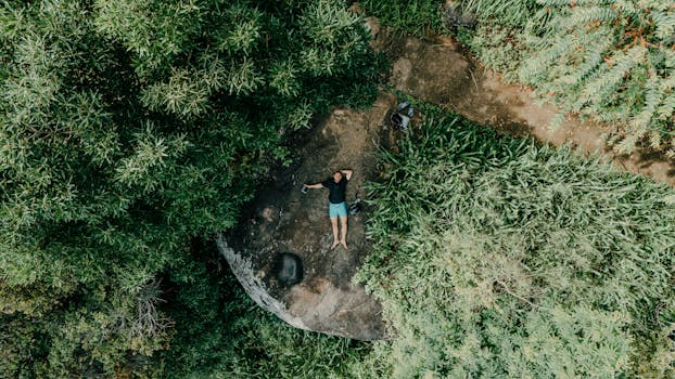Aerial photo of a person lying on a rock surrounded by lush Sri Lankan jungle.