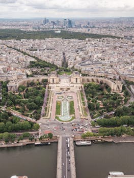 A stunning aerial shot of Palais de Chaillot overlooking Paris, featuring iconic architecture and lush gardens.