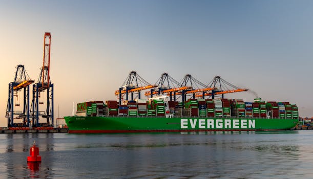 A colossal Evergreen container ship at the bustling Port of Rotterdam, Maasvlakte, Zuid-Holland.