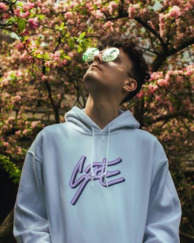 在春天花开之际，一位戴着太阳镜和连帽衫的年轻人在户外驻足