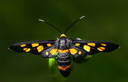 Detailed image of a colorful Eressa moth with vibrant orange markings.