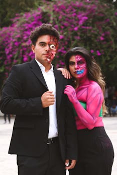 Couple with artistic face paint in formal attire posing outside with vibrant floral background.