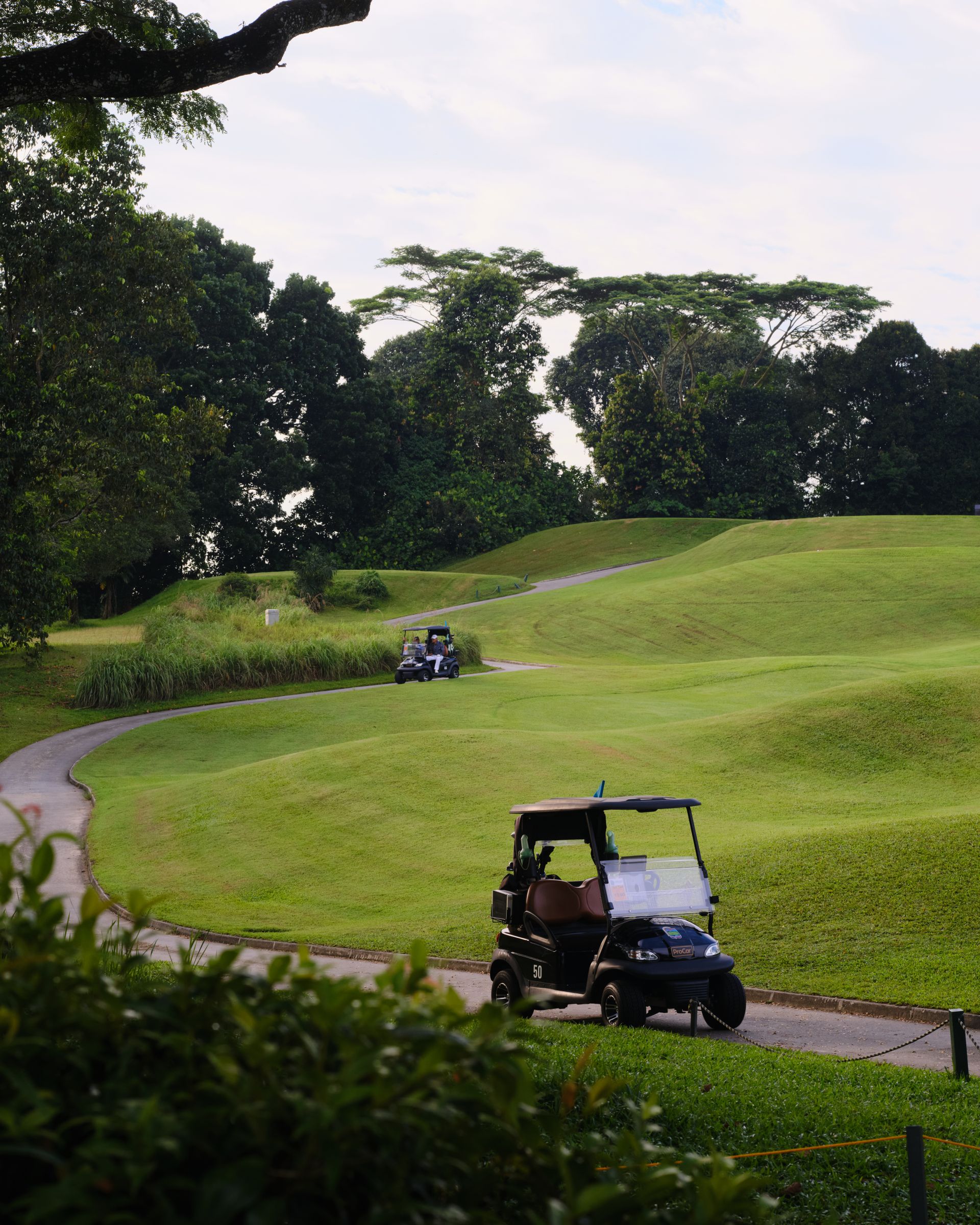 A scenic view of a golf course featuring a golf cart on a sunny day, surrounded by lush greenery.