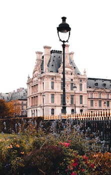 Elegant Parisian architecture surrounded by autumn foliage and classic street lamp.