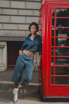 Stylish urban portrait of a model in London next to a classic red phone booth.