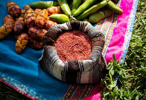 Colorful display of traditional Andean foods with quinoa, oca, and beans on vibrant textiles in Tuti, Peru.
