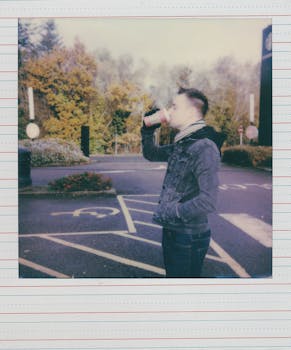 一名男子在秋叶环绕的休闲环境中喝着热饮