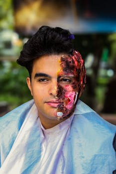 Artistic makeup showcasing a striking half-face transformation with vibrant colors and textures.