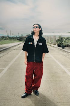 Stylish urban male in streetwear fashion on a city sidewalk.