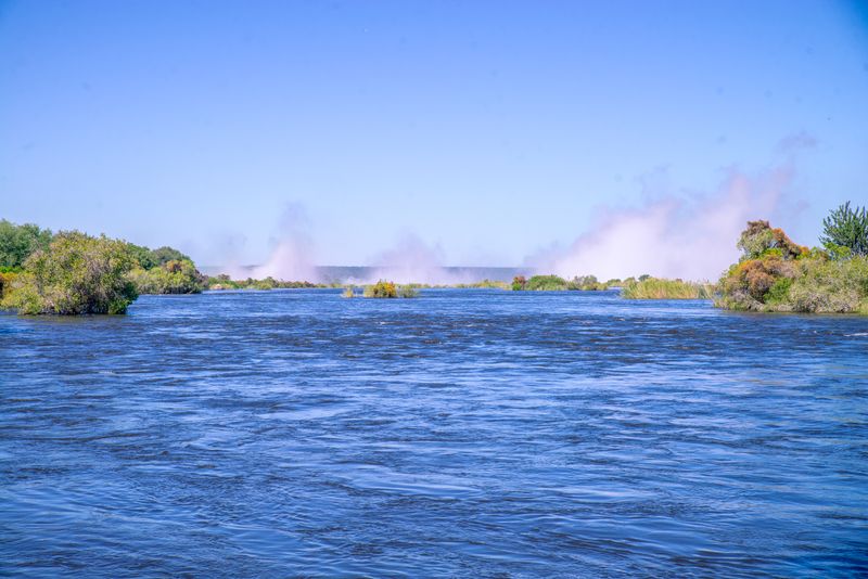 Zambezi River with mist and greenery