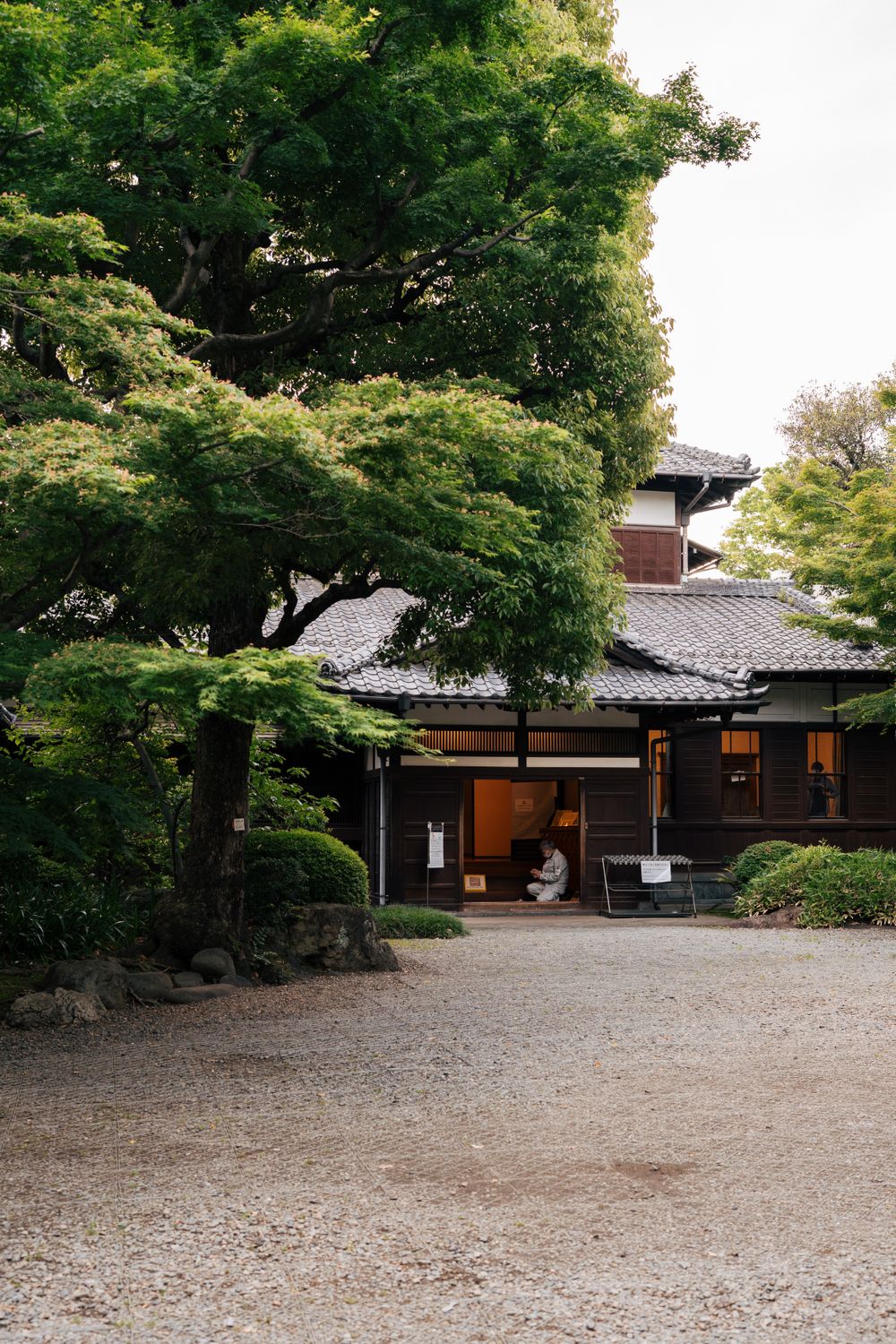日本の木造瓦屋根の伝統家屋、緑豊かな庭木に囲まれた静謐な風景
