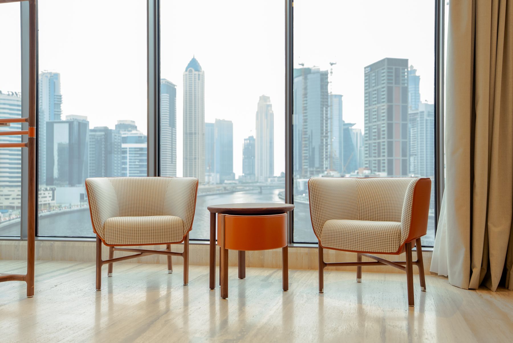 Luxury apartment interior with panoramic city skyline view