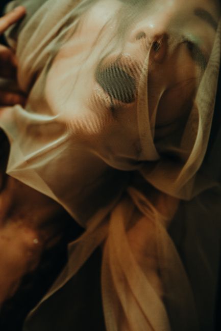 Conceptual portrait of a woman with sheer fabric, exuding artistic and moody tones.