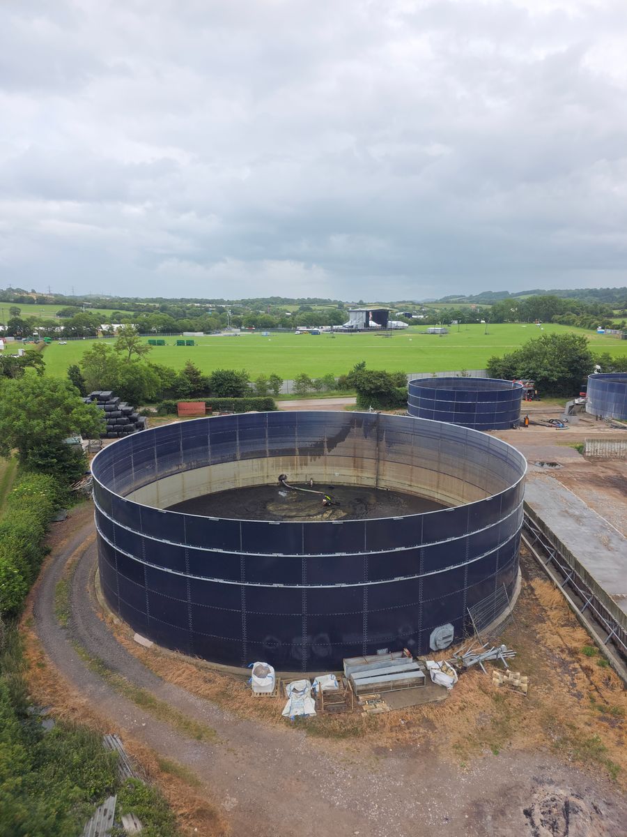 Aerial view of industrial water storage tanks
