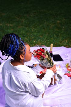 A woman with braided hair admires a bouquet of roses during an outdoor picnic.