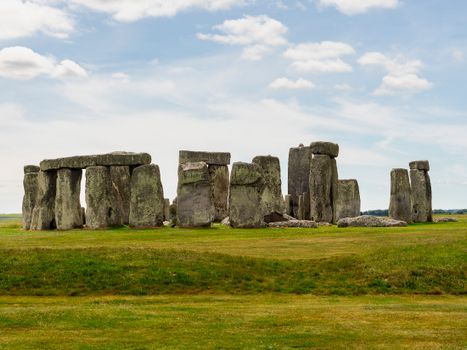 A clear view of the historic Stonehenge monument on a sunny day in Wiltshire, England.