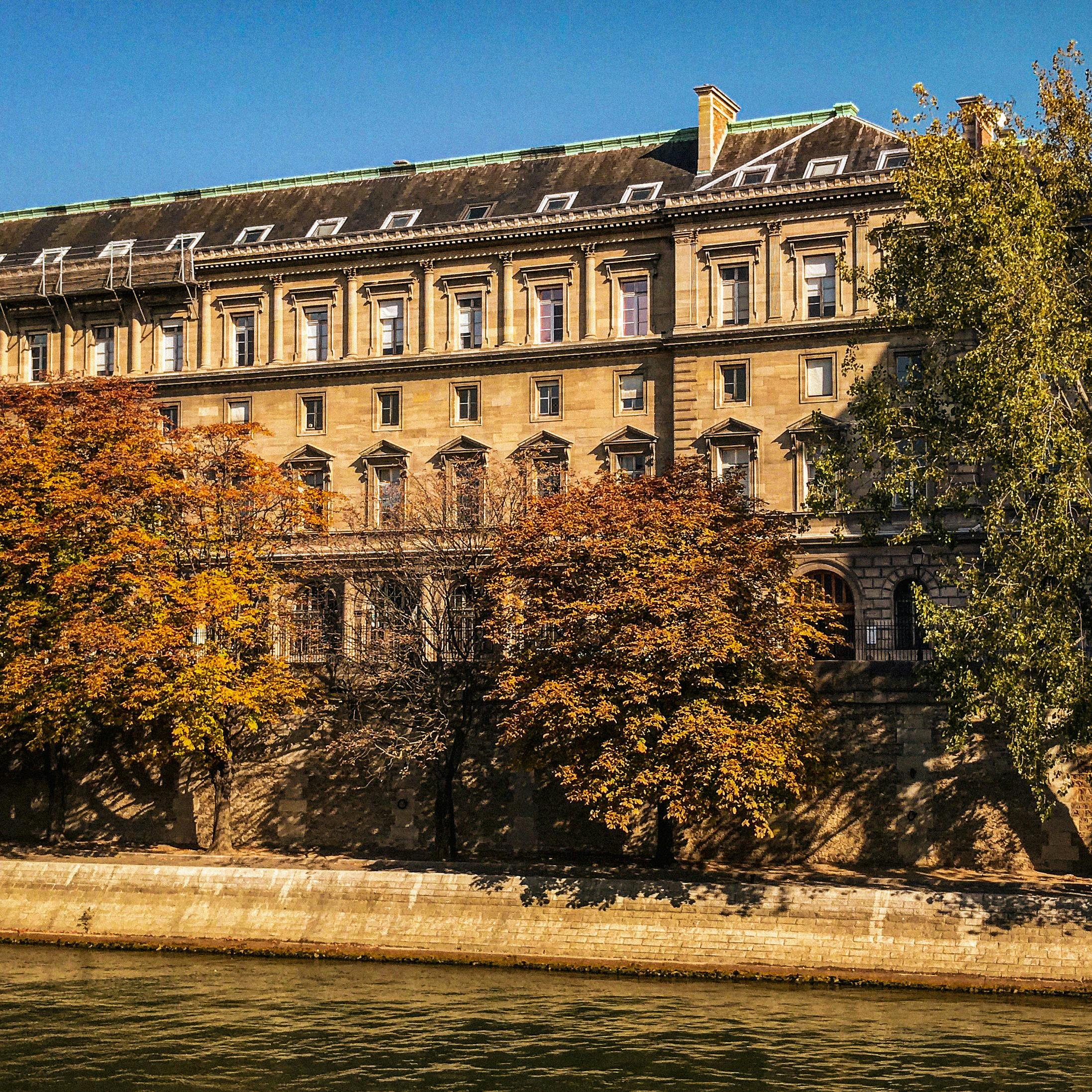 Historic Parisian facade with autumn foliage by the Seine River, showcasing classic architecture.