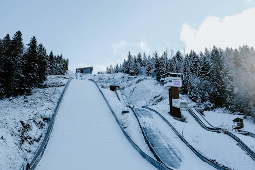 Image of a winter ski jump surrounded by snowy trees in a mountain landscape.