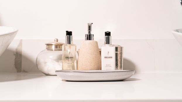 Minimalist bathroom setup with hand soap and lotion in a modern setting.