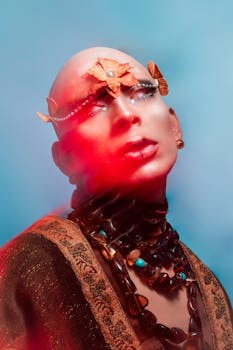 Ethereal fashion portrait showcasing bold makeup and accessories in a studio setting.