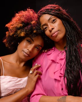 Close-up portrait of two women with braided and curly hair, dressed in pink, embracing warmly against a black background.
