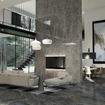 Stylish modern living room featuring minimalist design and rich textures for a luxurious feel.