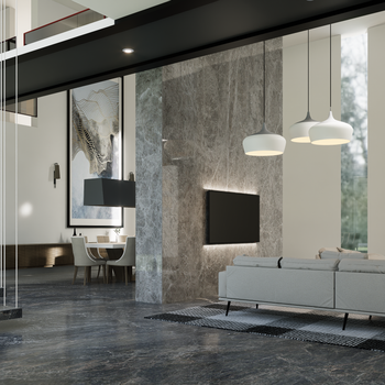 A sleek modern living room with marble features, stylish lighting, and minimalistic decor for elegant interiors.