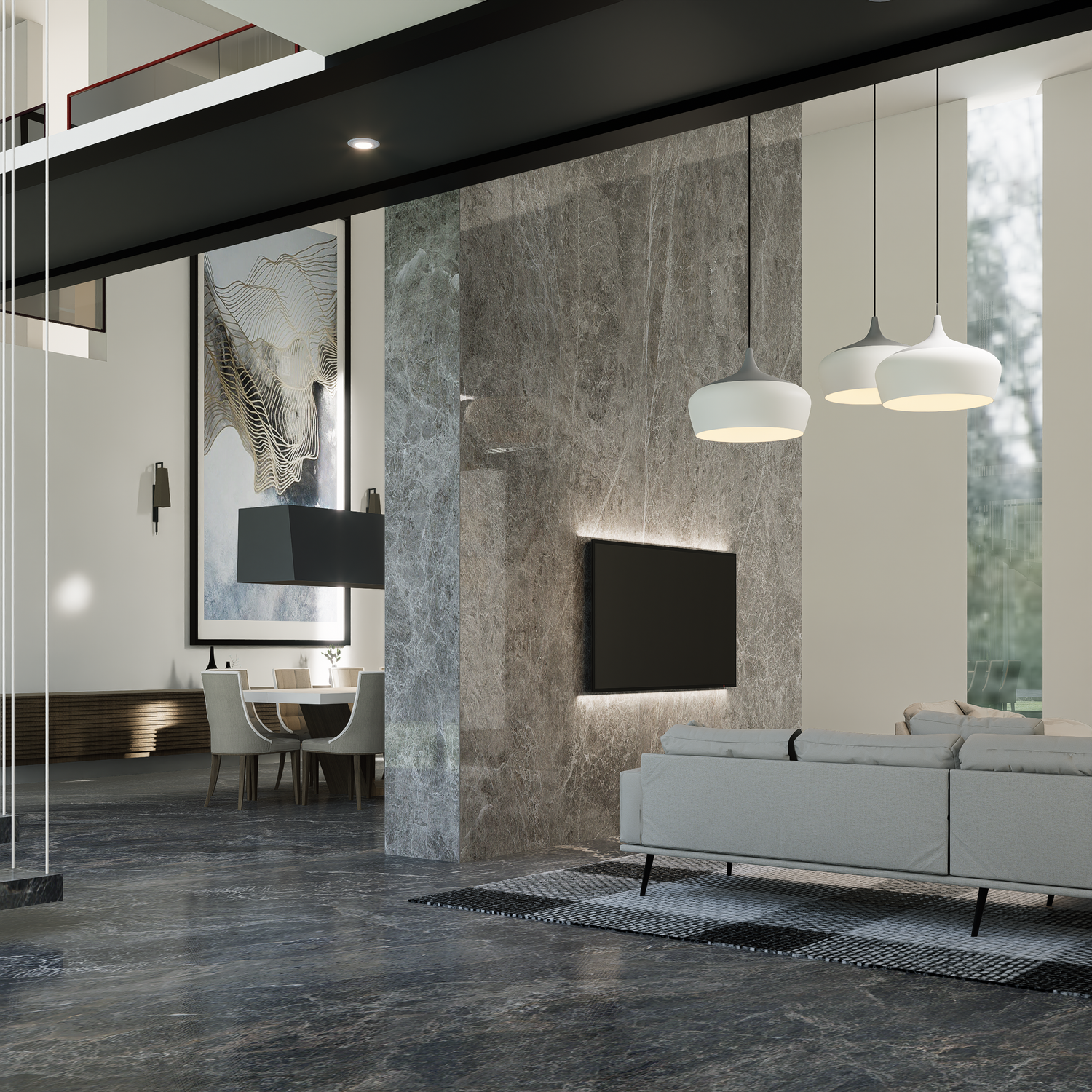 Elegant modern living room with marble features