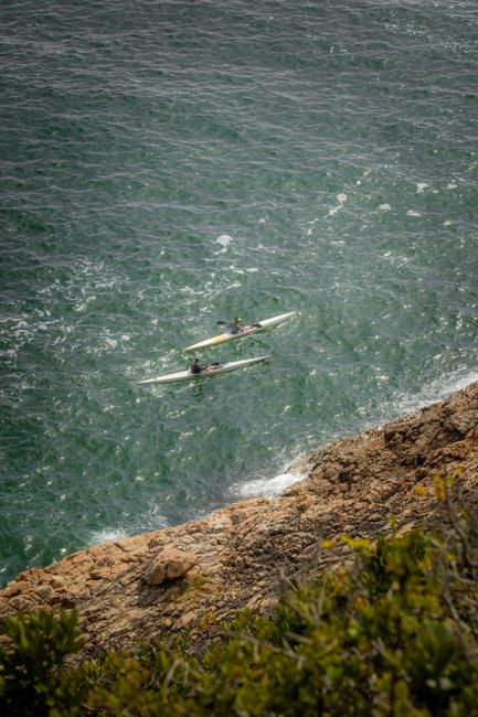 Kayakers navigate the clear ocean waters near Robberg, South Africa, with rugged coastline visible.