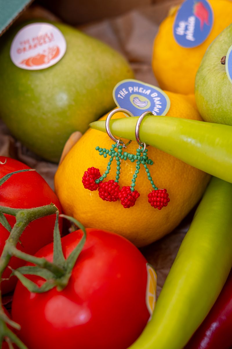 Colorful cherry-shaped beaded earring, reference style