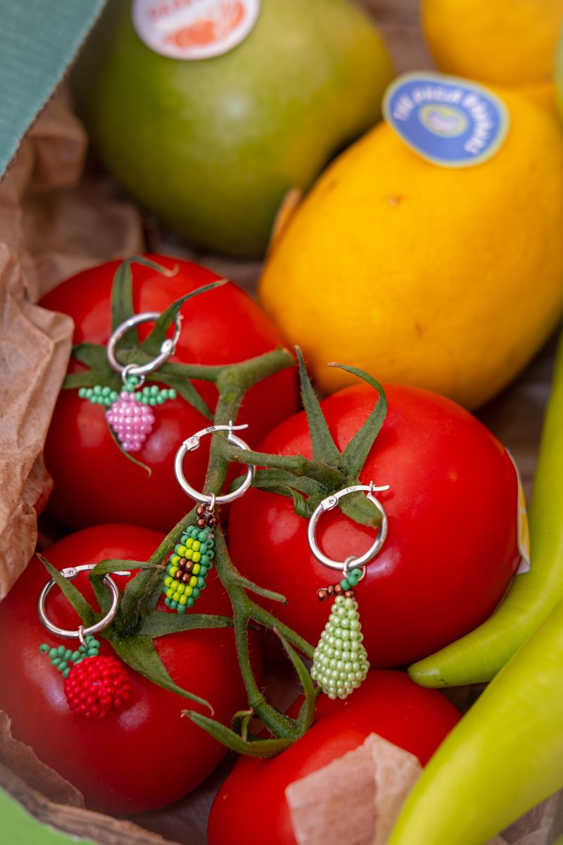 Vibrant colorful beaded earrings, reference style