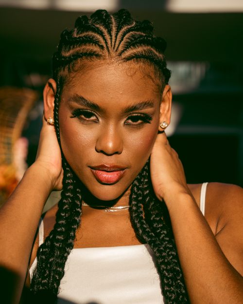 Free Stunning close-up portrait of a woman with braided hair, captured in warm sunlight revealing vibrant details. Stock Photo