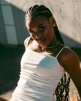 Outdoor portrait of a woman with braided hair, embracing summer vibes.