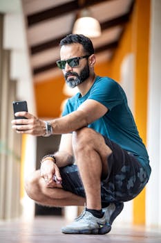 A stylish adult man with beard and sunglasses taking a selfie indoors.