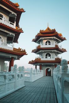 Red-roofed pagoda under clear sky, photo by Alex Azabache on Pexels
