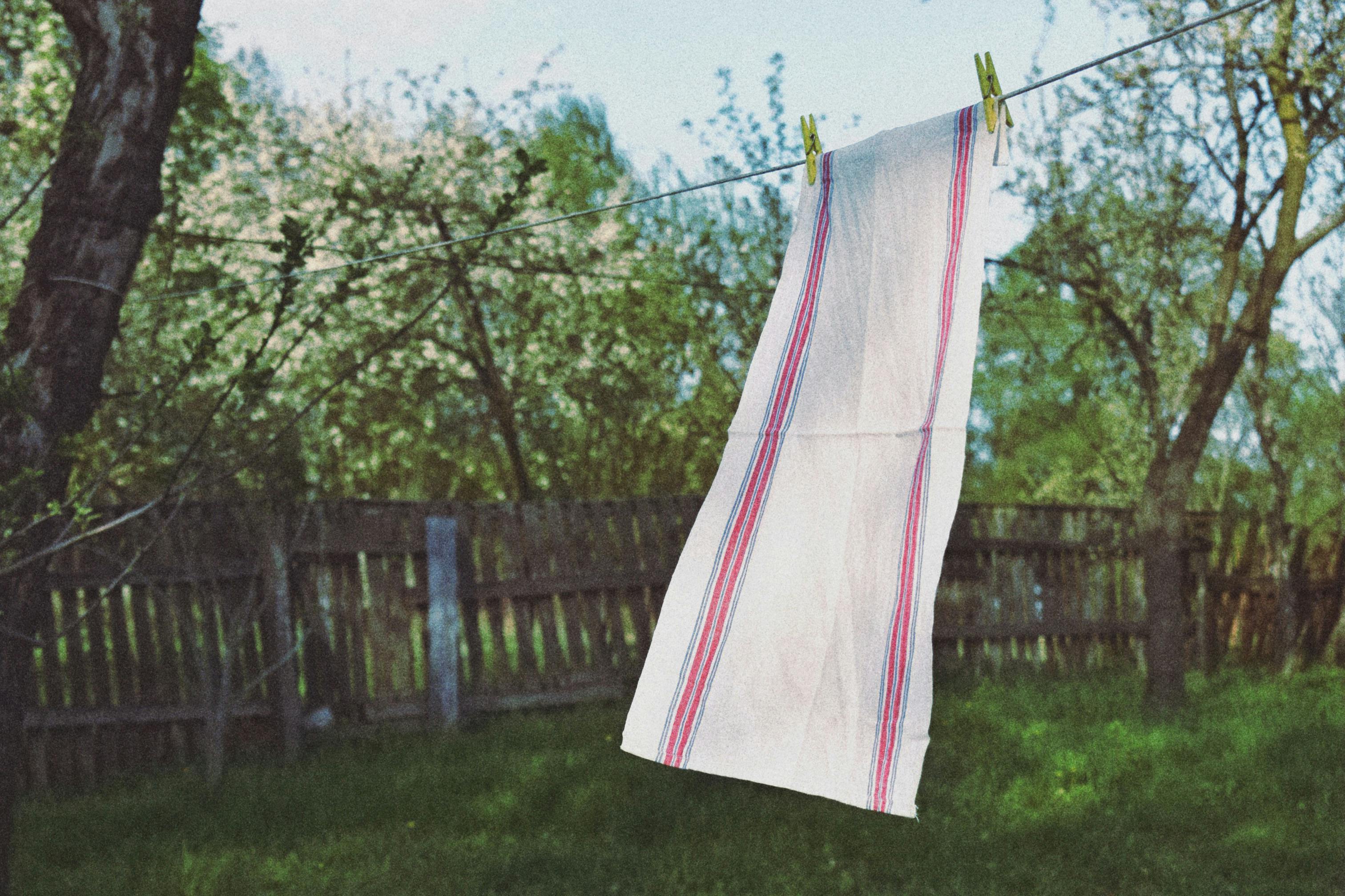 A white towel drying on a clothesline in a sunny garden, creating a retro vibe.