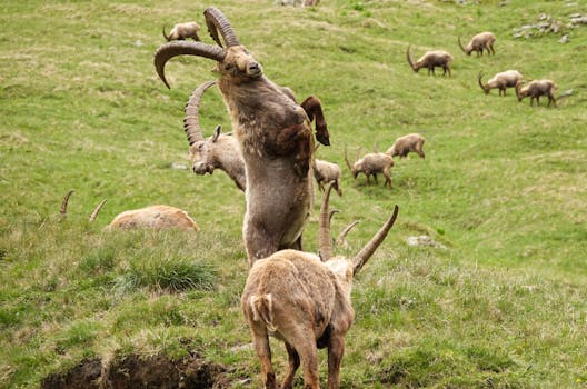 A dynamic scene of Alpine ibex fighting in Vanoise National Park, France.
