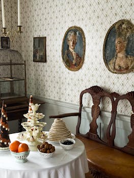 Elegant vintage dining room with decorative treats and antique portraits.