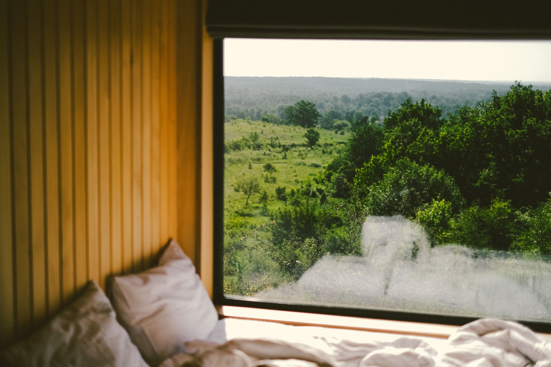 Relax in a comfy cabin with a beautiful forest view through the window in Poltava Oblast, Ukraine. Related image for Sustainability: Why Independent Hotels Are Investing Now.